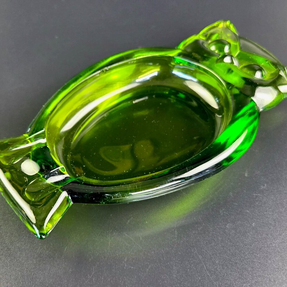 Vintage Viking Glass Green Owl Shaped Ashtray/Trinket Dish – 1960s/70s